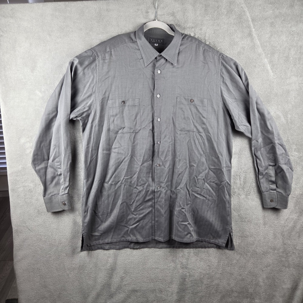 Sulka Shirt Mens XL Gray Herringbone Made In Italy Dress Shirt Long Sleeve